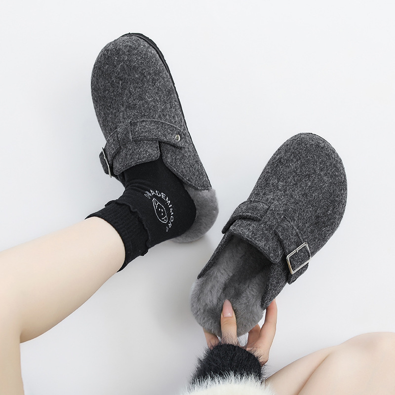 Gray Thick-Soled Birkenstock-Style Furry Slippers for Women, Outdoor Wear, Plush Lined, Closed-Toe, Lazy Half-Slippers, Winter Warm, Non-Slip