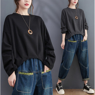 2024 Autumn and Winter New Pleated Solid Color Sweat Loose Simple Slimming All-match Round Neck Pullover Top