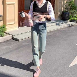 浅蓝色毛边开叉直筒牛仔裤女2026春夏新款高腰宽松显瘦九分烟管裤