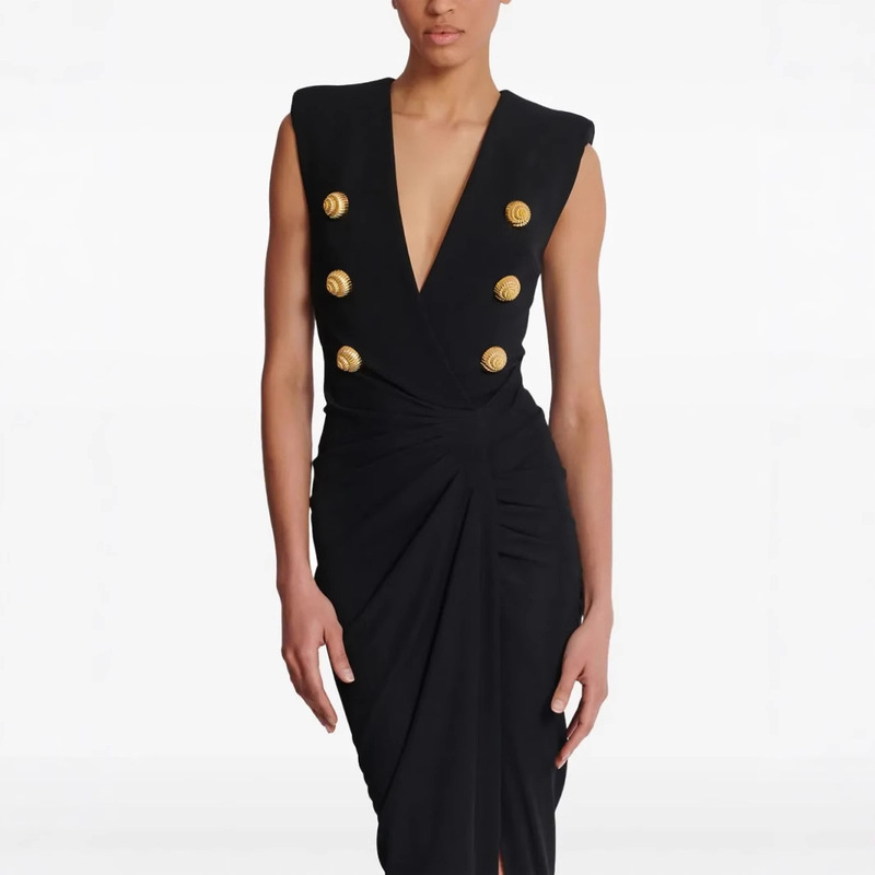 European High-End Women's Clothing Balmain Commuter Elegant Elegant Suit Dress Double-Breasted V-Neck Bandage Skirt European High-End Women's Clothing Balmain Commuter Elegant Elegant Suit Dress Double-Breasted V-Neck Bandage Skirt