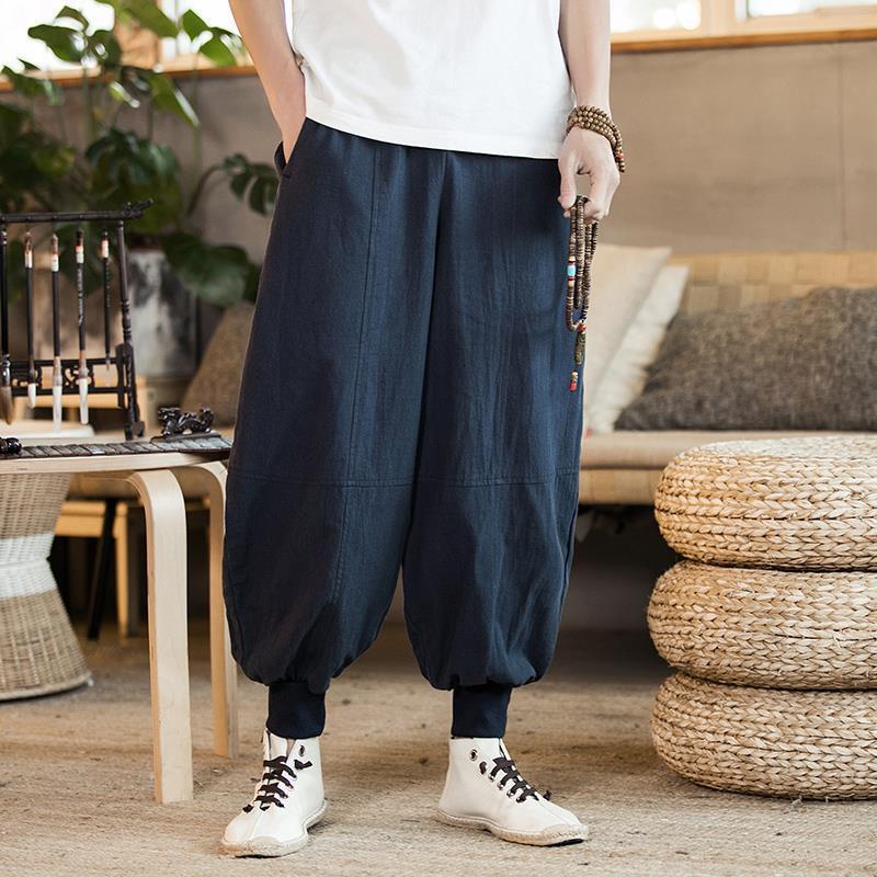 Fatty plus fat tallas grandes pantalones anchos con sensación de caída pantalones de lino sueltos de nueve puntos de estilo chino pantalones de linterna pantalones harem