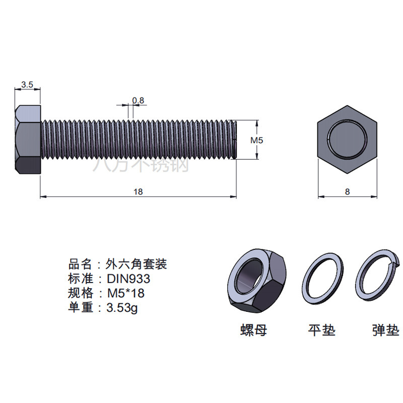 Tuerca de tornillo 304 acero inoxidable hexagonal conjunto de alta resistencia con almohadilla perno de tornillo antideslizante M3M4M5M6M12