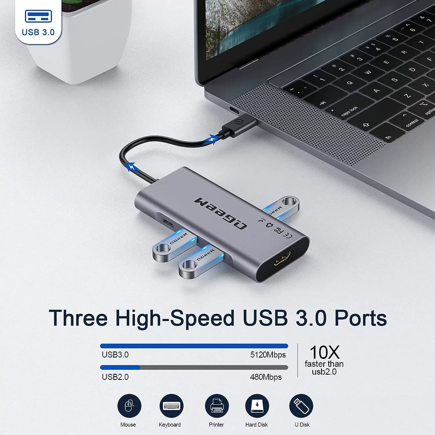 Док-станция QGeeM 7-в-одном Type-C с поддержкой HDMI HD 4K видео, блок питания, совместимый с несколькими портами USB компьютер