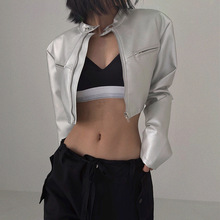 INS机能风酷帅银色立领暗扣皮革短外套女宽松露脐拉链开衫夹克潮