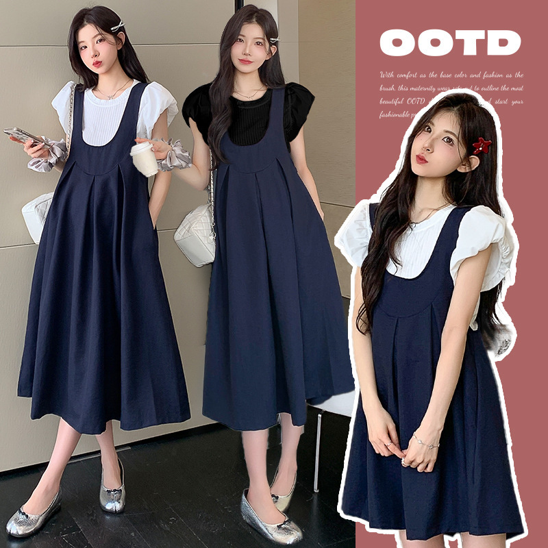 Maternity Summer Dress 2025 New Large Size Loose Vest Dress + Puff Sleeve Top Two-Piece Set