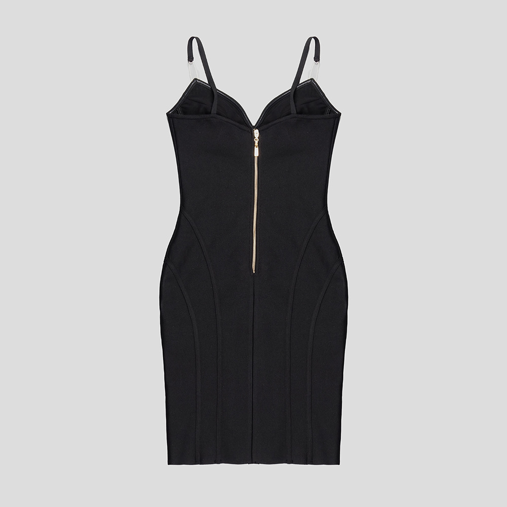 Summer Black V Neck Skull Pin Suspender Slimming Bandage Hip Dress Women Clothing