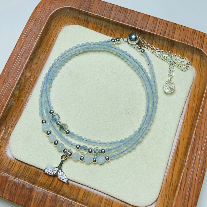 Crystal Jewelry, Ocean Blue Faceted Three-Circle Round Bead Fishtail Pull-Out Silver Bracelet
