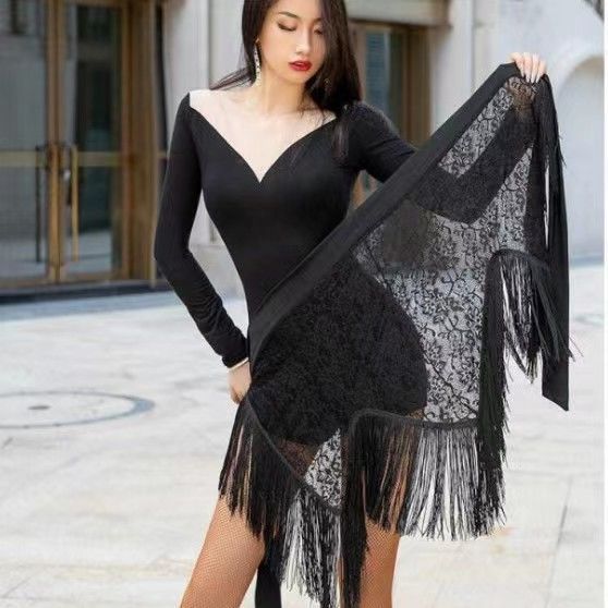 Summer Latin Dance Skirt One-Piece Retro Tassel Skirt Fashionable Sexy Lace Skirt Adult Practice Clothes New Style