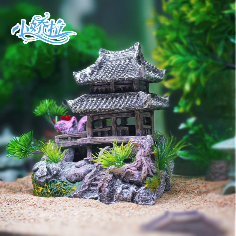 Pecera Aqua Decoración y paisajismo Nuevo estilo transfronterizo rocalla Jiangnan Cabaña Xiaoju Yunhulou Retro Muebles para el hogar Antiguos