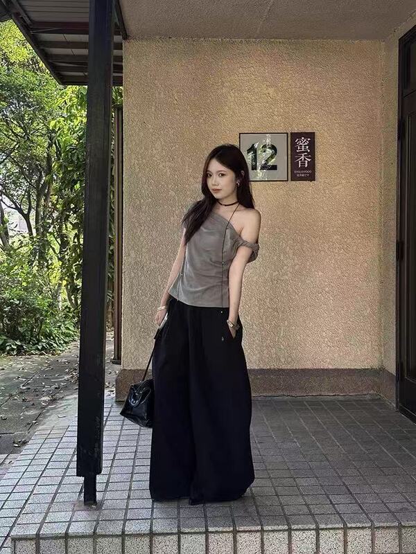 灰色扭结斜肩绑带小飞袖t恤女夏季设计感修身显瘦不对称短袖上衣|undefined