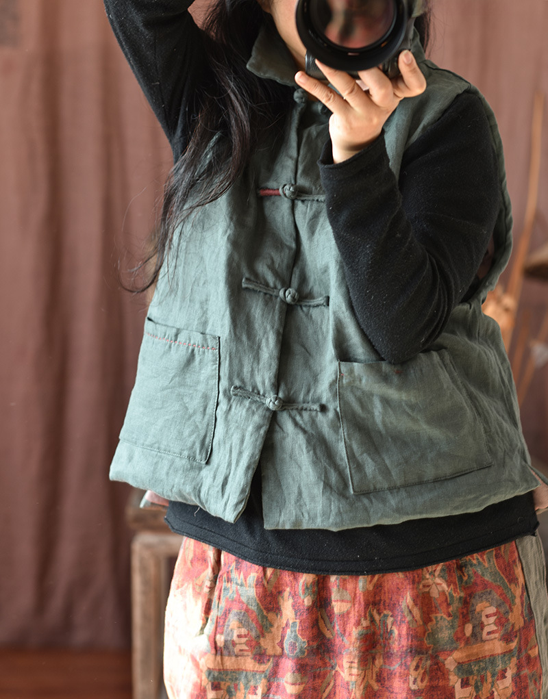 Simo/vêtements pour femmes en coton et lin faits maison gilet en coton à boucle en lin lavé au sable de haute qualité gilet en coton à enroulement rétro_voghion.com