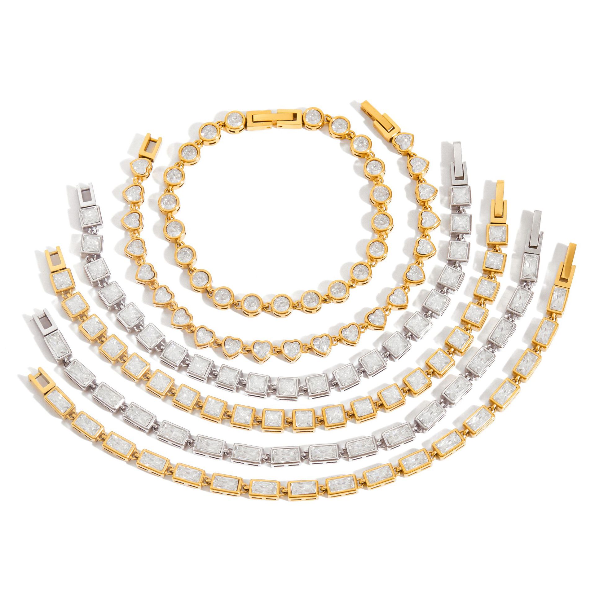 Minimalist Design 18K Gold Stainless Steel Square White Zircon Watch with Tennis Chain Bracelet