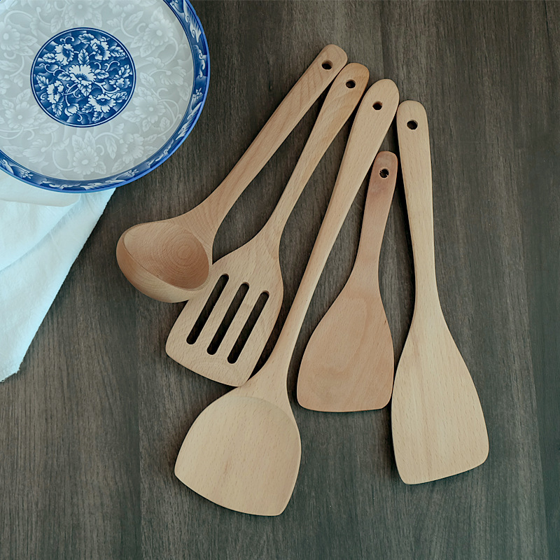 Factory direct supply beech spatula soup spoon wooden kitchenware high temperature resistant non-slip anti-scalding wooden spatula log color kitchenware suit