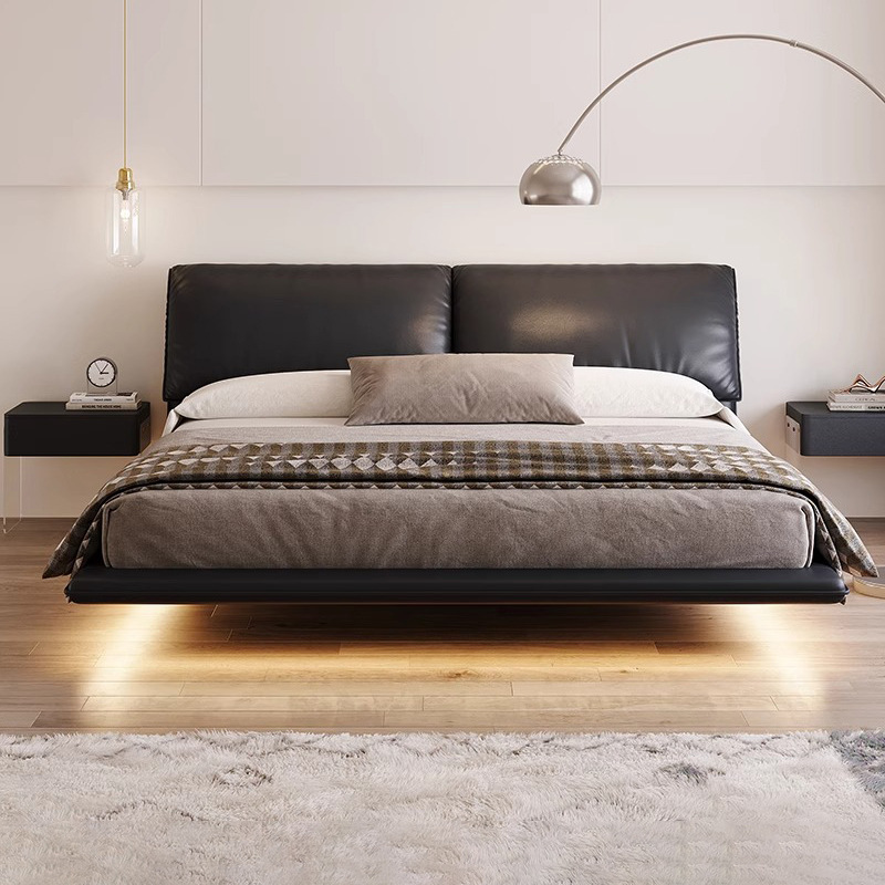 Cama flotante de cuero con orejas de elefante, cama principal minimalista italiana, cama doble blanda negra de 2*2,2 m, nuevo