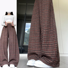 红咖色韩系时尚刺绣格子裤女秋冬新款垂感休闲慵懒高腰阔腿裤