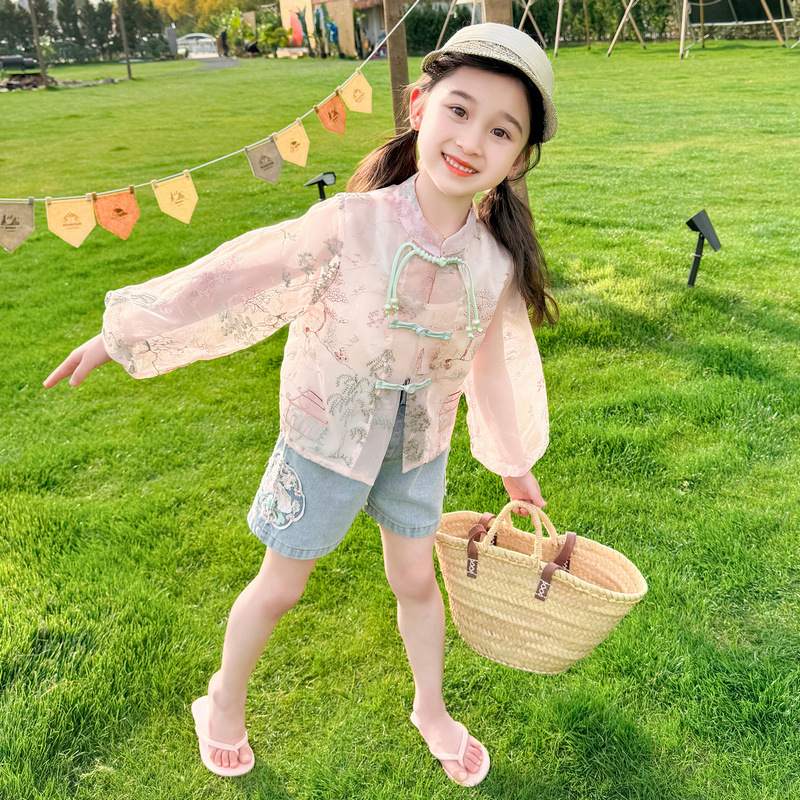Girls' Sun Protection Clothing Summer 2024 New Children's Sun Protection Clothing Girls Baby Skin Clothes Long Sleeve Embroidery Button 