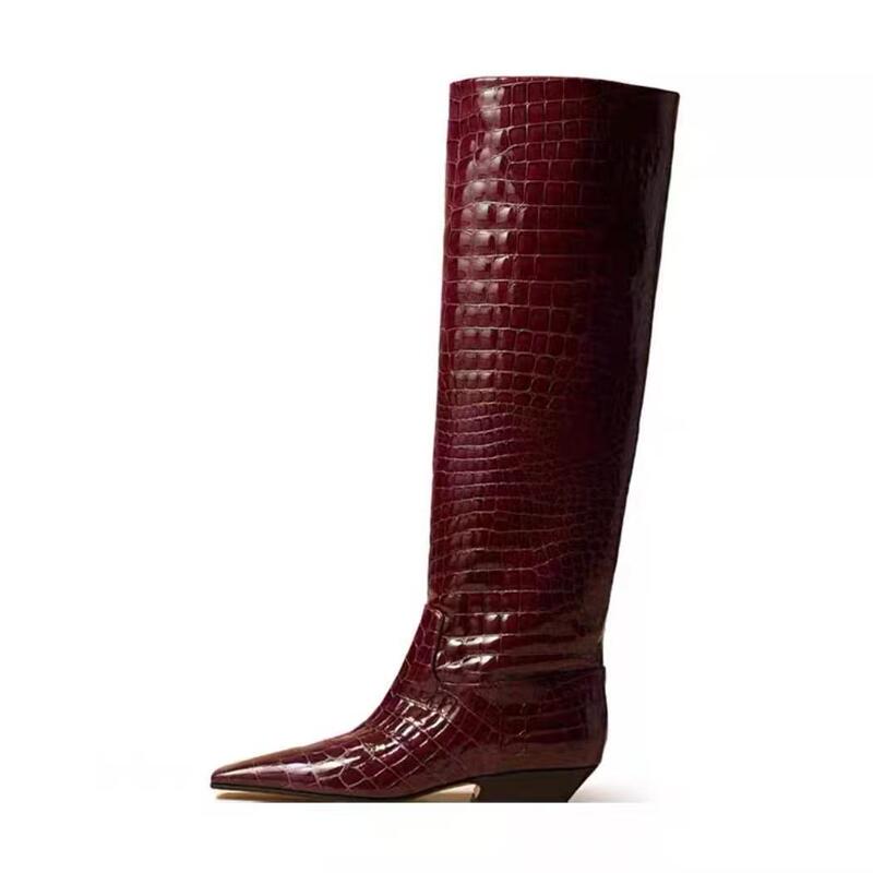 Crocodile Pattern Beef Patent Leather Knee-High Boots ~ European and American Style Square Head Stitching Sleeve Fashion Boots Super plus size Women's Boots