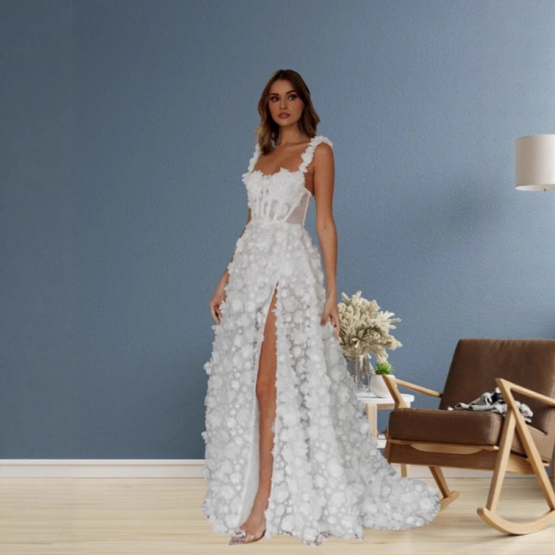 Cross-border foreign trade white strapless long wedding dress with slit design, high-end bridal gown, slim-fit elegant evening dress