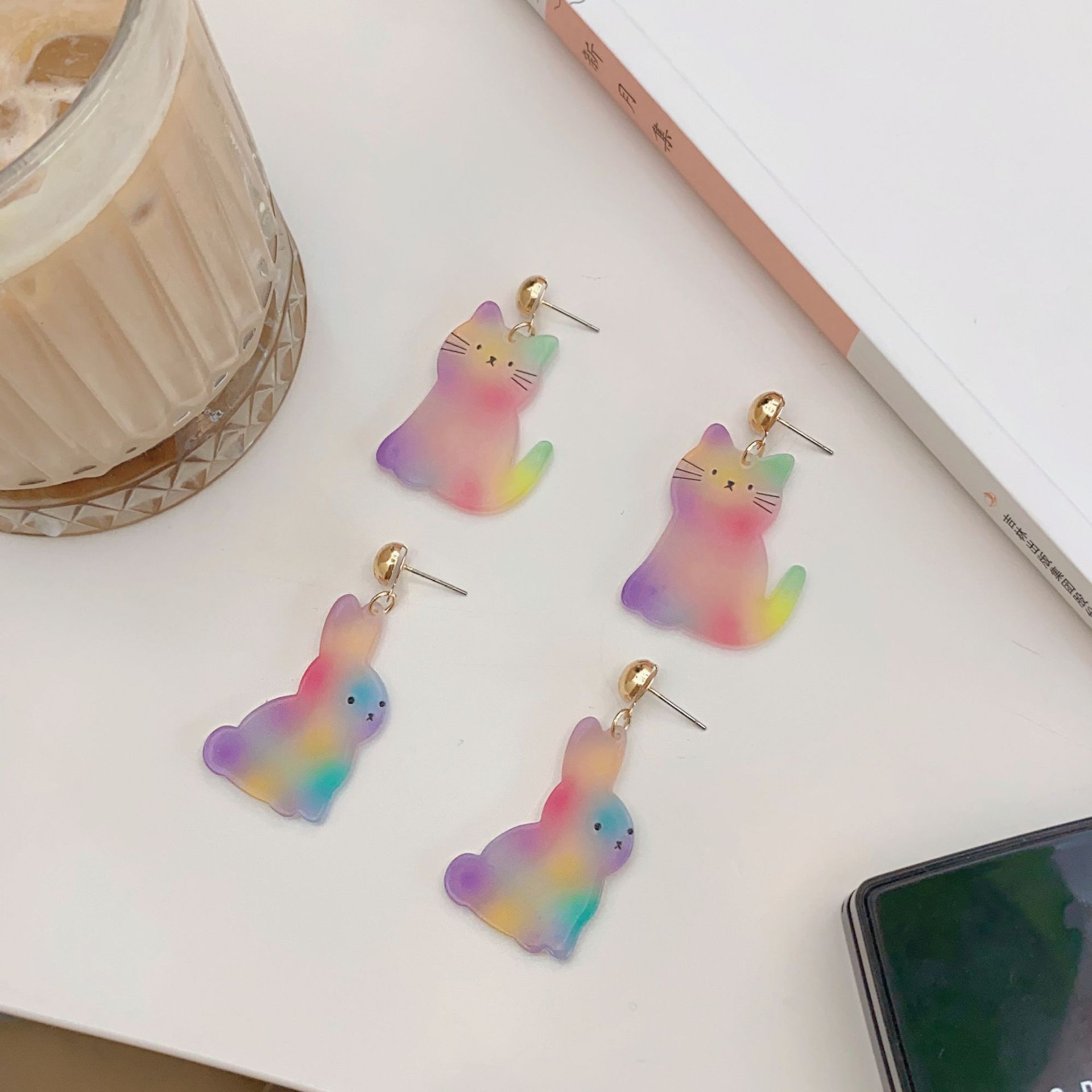 13g Weight 1 Pair Cute Rabbit Colorful Cat Patchwork Arylic Drop Earrings