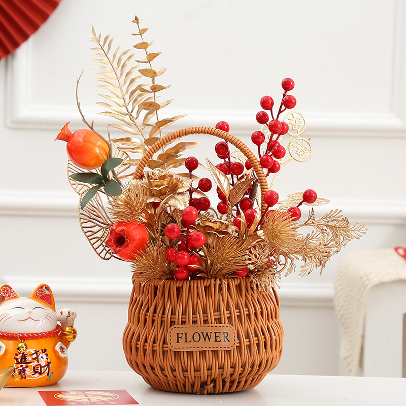New Imitation Rattan Portable Flower Arrangement Basket Living Room Ornaments Decorative Plastic Fortune Fruit Moving New Home Gift