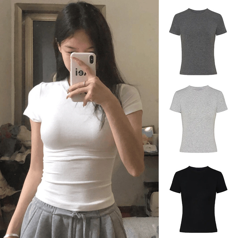 Pinch Waist Shoulder T-Shirt White Short-sleeved Women's Spring and Autumn Stretch Slim-fit Hot Girl Short Base Shirt Summer Round Neck Inner Shirt Pinch Waist Shoulder T-Shirt White Short-sleeved Women's Spring and Autumn Stretch Slim-fit Hot Girl Short Base Shirt Summer Round Neck Inner Shirt