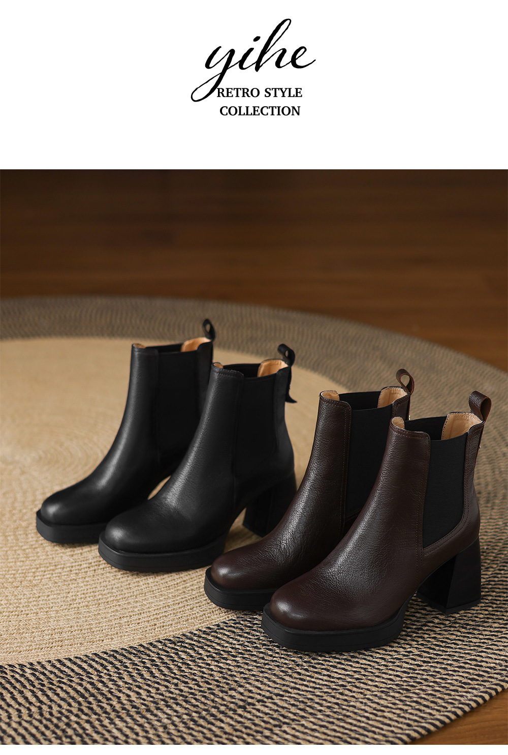 Boot Chelsea cổ ngắn mũi vuông da dê mềm, gót dày platform, phong cách cổ điển, dáng slip-on thu đông — nhung đen, Nhung nâu, Lớp lót đơn màu đen, Lớp lót đơn màu nâu chi tiết 14
