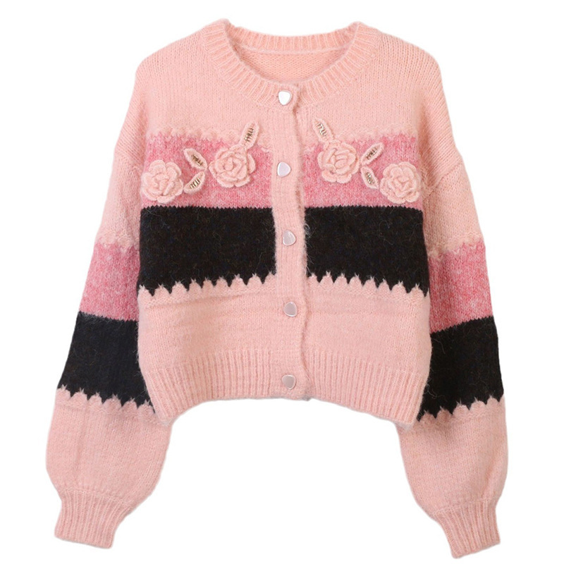 2023 Autumn and Winter New Women's Round Neck Long Sleeve Hand Hook Flower Loose Sweet Cute Short Knitted Cardigan