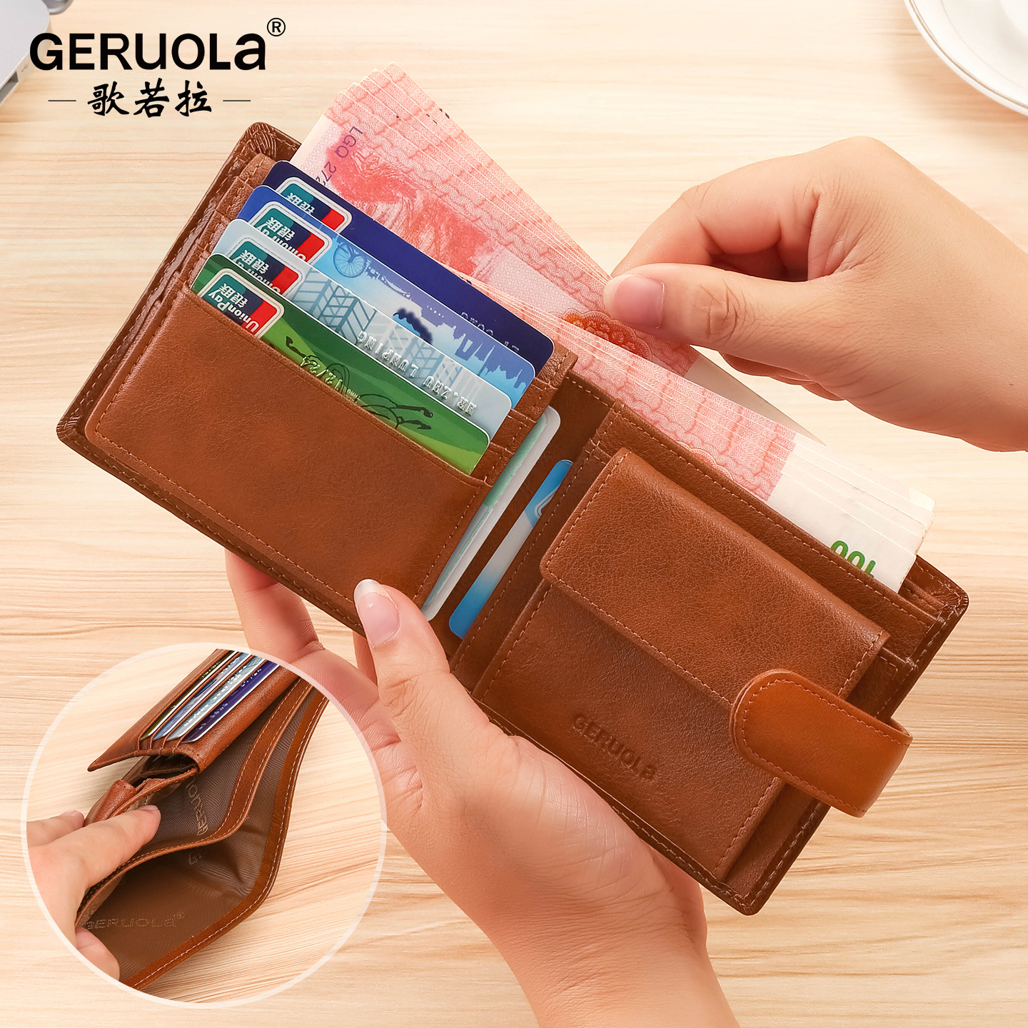 Geruola tienda de fábrica de cuero real, cartera de cuero de vaca, cartera de botón para hombres, bolsa de cambio, bolsa de tarjetas al por mayor