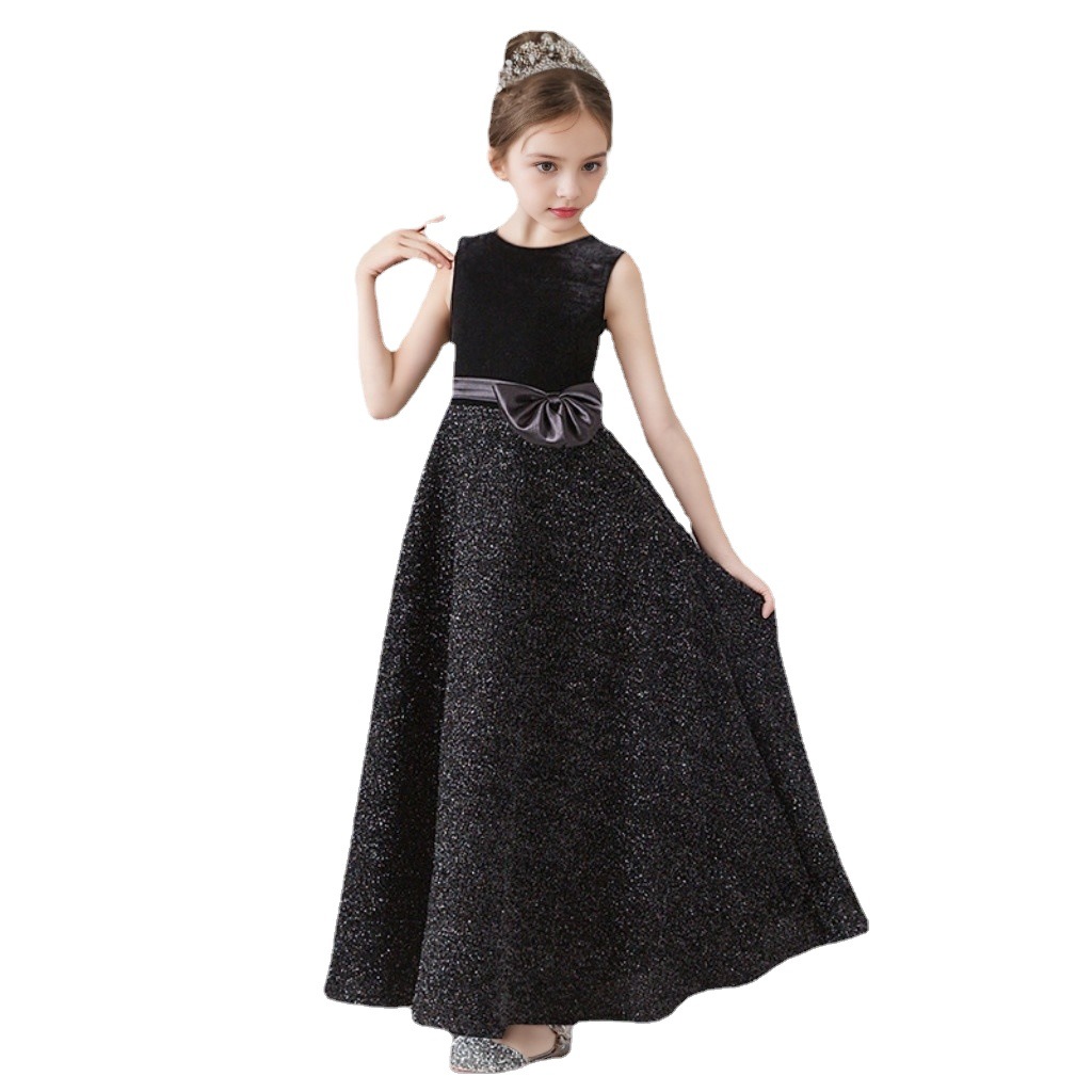Vestido de concurso infantil brilhante sem mangas – Vestido de princesa com glitter para apresentações e eventos (80-160cm, preto clássico)_voghion.com