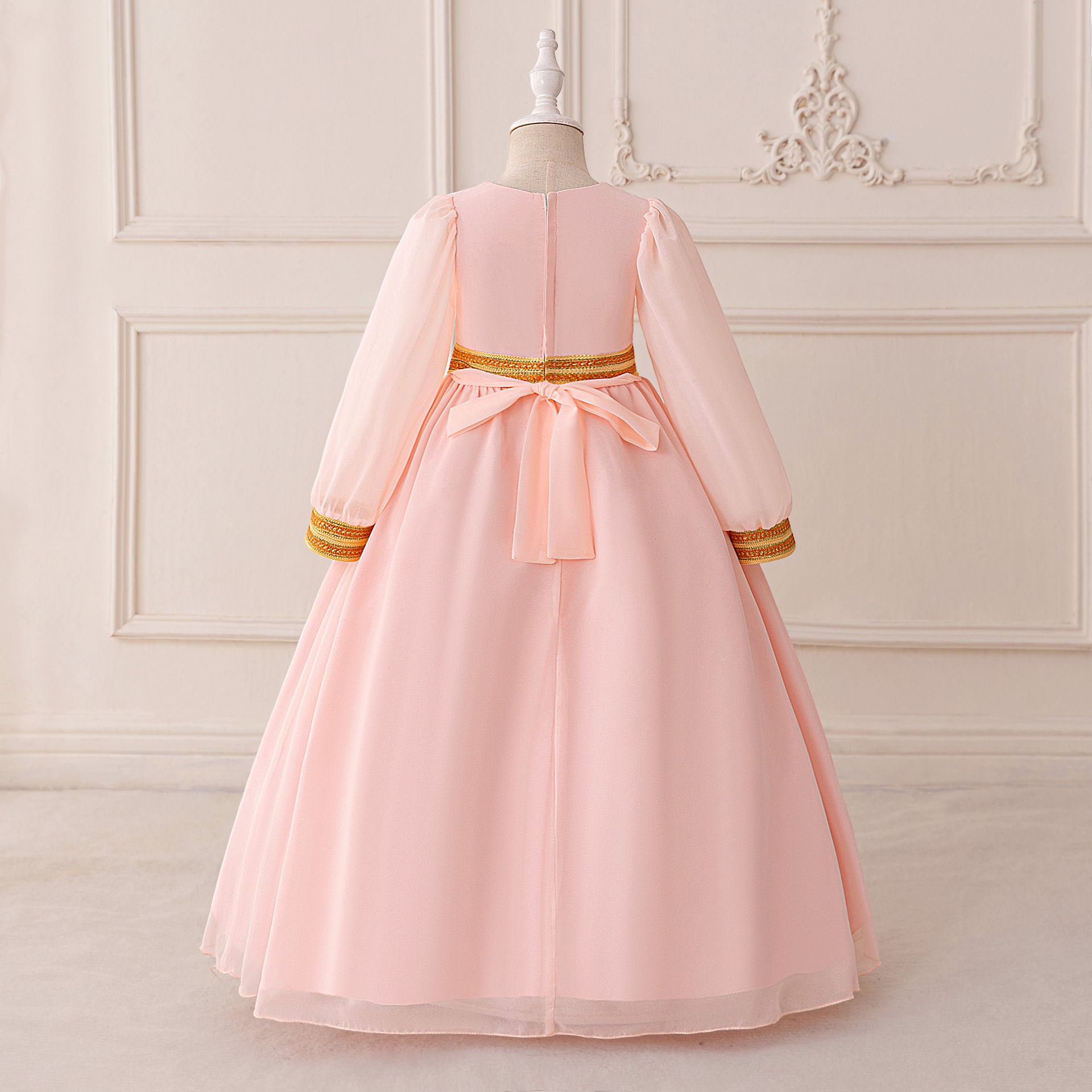 Amazon nuevo vestido infantil transfronterizo vestido vestido vestido de niñas elegantes flores de chiffon bordadas mangas largas vestido de princesa