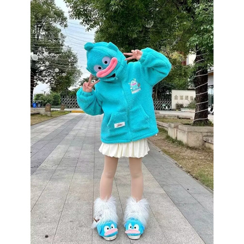 Clown fish hooded lamb fur coat for women in winter loose design niche funny street plus velvet thickened cotton clothing