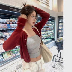 红色开衫女装秋季针织衫外套小个子修身显瘦黑色毛衣外搭短款上衣