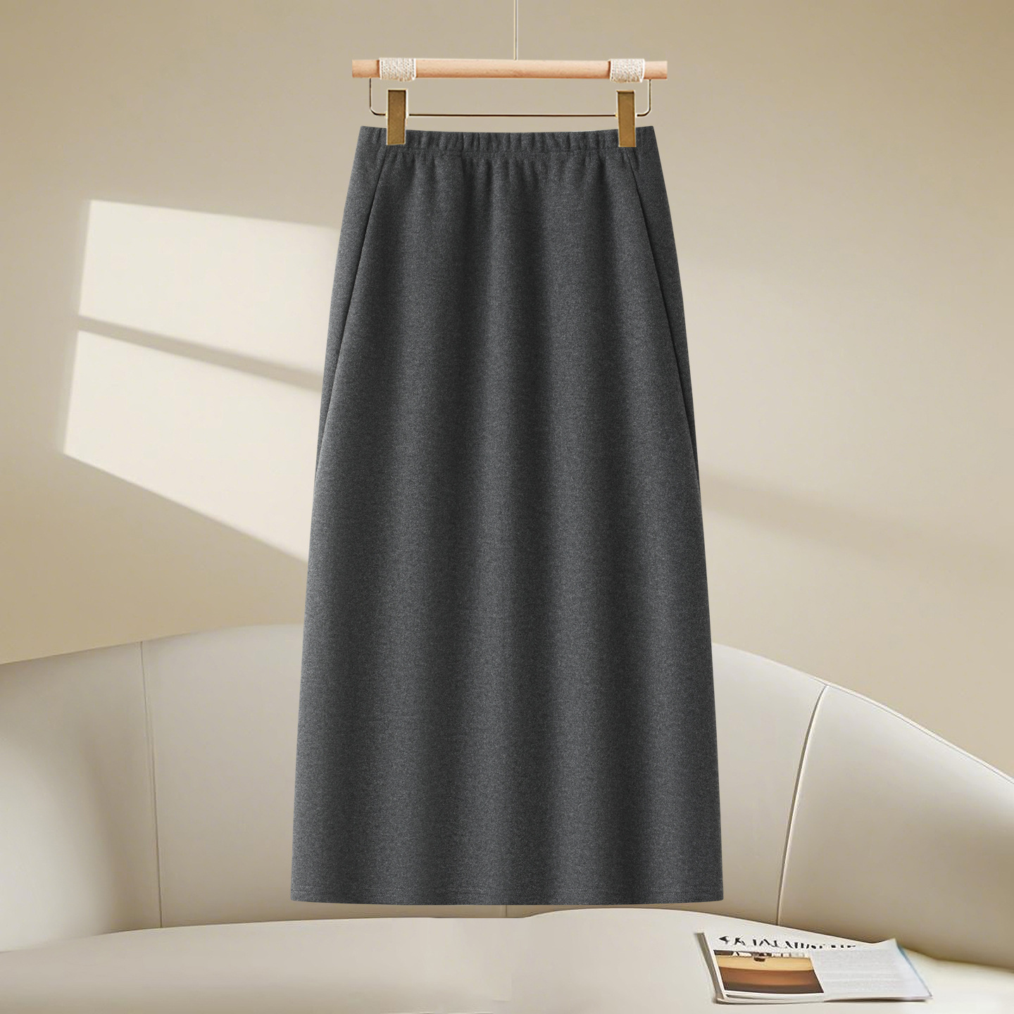 醋酸羊毛半身裙女秋冬季2025新款极简风灰色中长款a字松紧直筒裙