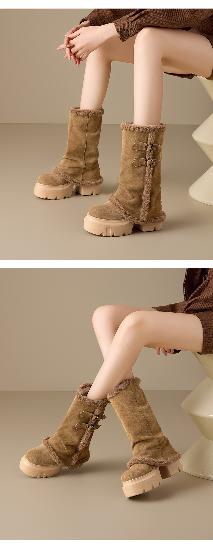 Boot nữ cổ cao ôm bắp chân, đế dày tăng chiều cao 12 cm, lót lông ấm, chất liệu cotton dày màu kaki — nhung đen chi tiết 5