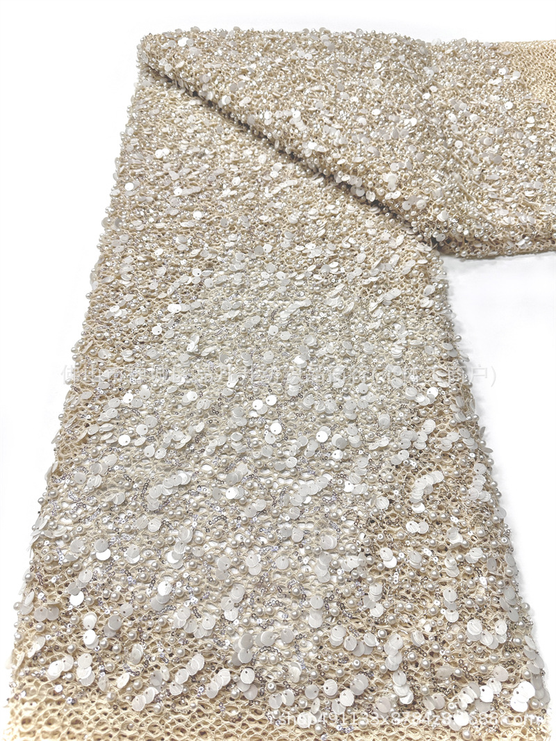 Tejido de malla de perlas pesadas 3 + 9cm de tela de vestido de boda de sequilla al por mayor
