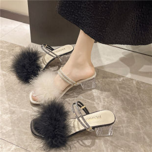 Small People Look Taller, Crystal Thick Heel Sandals, Summer New French Fairy Style Two-Wear Furry Sandals