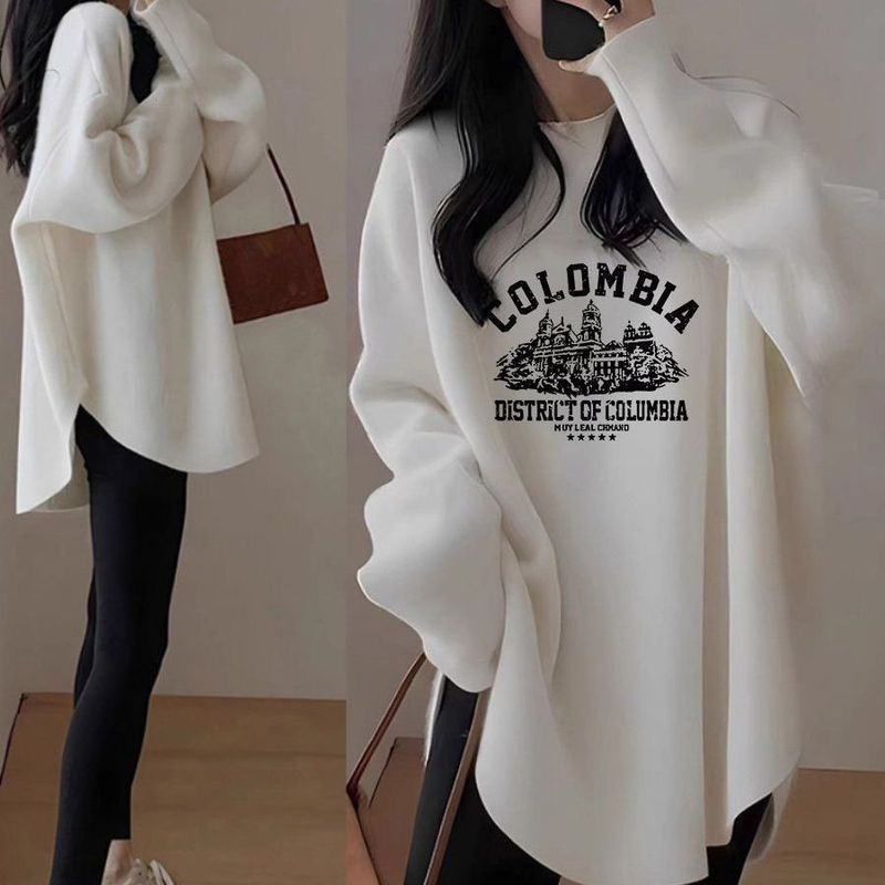 徳絨毛とベルベットの長袖tシャツの女性の中の長さはお尻の上着を隠して厚いタイプの底のシャツの秋冬2025をプラスします。|undefined
