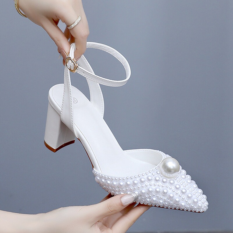 7cm Chunky Heel Pointed Toe Sandals Spring Summer Square Heel Shallow Women's Sandals White Pearl Bridal Wedding High Heels for Women 7cm Chunky Heel Pointed Toe Sandals Spring Summer Square Heel Shallow Women's Sandals White Pearl Bridal Wedding High Heels for Women