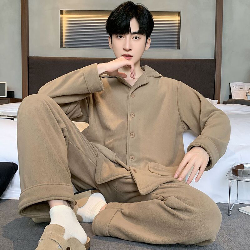 Winter New Polar Fleece Men's Lapel Pajamas Men's Suit Thickened Winter Solid Color Home Clothes Can Be Worn Outside