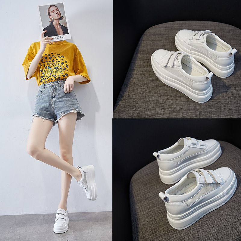 Genuine Leather White Sneakers for Women with Velcro, Casual Slip-On Shoes, 2022 Summer New Style, Hollow Breathable Mesh Shoes with Height Increase