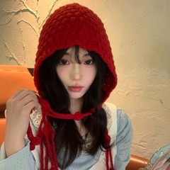 秋冬保温毛糸帽手織り透かし編みの帽子女性民族風流蘇耳保護カバー頭ニット帽子