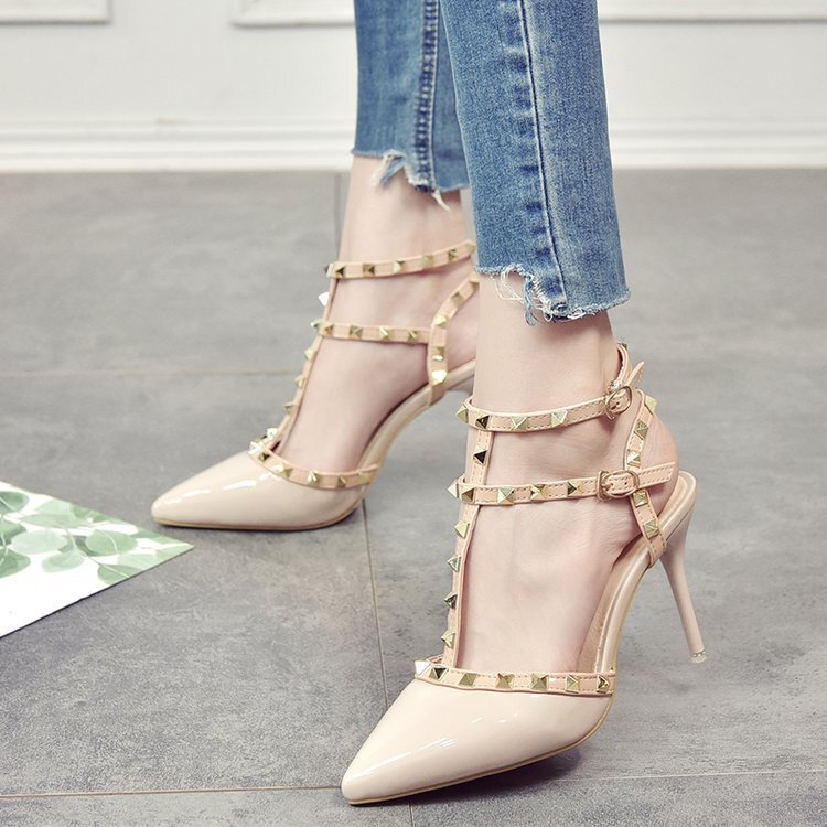 Rivet High Heels Women's Stiletto Heel Single-layer Shoes All-match 2023 Summer Sexy Pointed T-strap Rear Empty Orange Sandals for Women