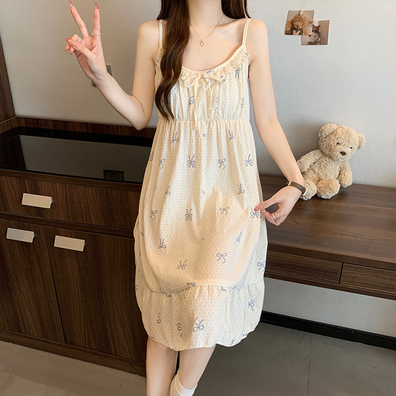 Summer Cloud Cotton Lace Bowknot Strap Nightgown with Fixed Chest Pads, Loose Princess Dress for Girls, Homewear Summer Cloud Cotton Lace Bowknot Strap Nightgown with Fixed Chest Pads, Loose Princess Dress for Girls, Homewear