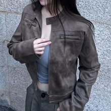 美式复古拉链开衫皮衣短外套女美拉德百搭修身街头立领夹克机车服