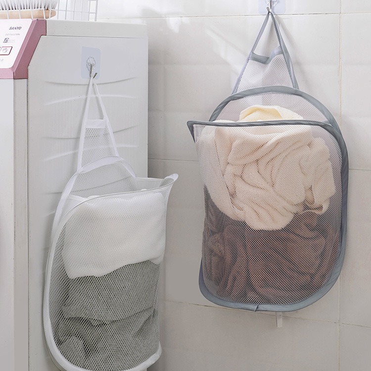 Folding Mesh Dirty Clothes Basket Household Laundry Basket Punch-Free Bathroom Self-Adhesive Storage Basket Bathroom Storage Basket