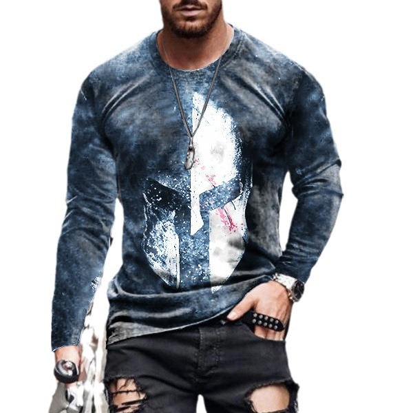 Ropa de hombre transfronteriza europea y americana AliExpress Wish Amazon nueva camiseta de manga larga con cuello redondo y estampado paladín