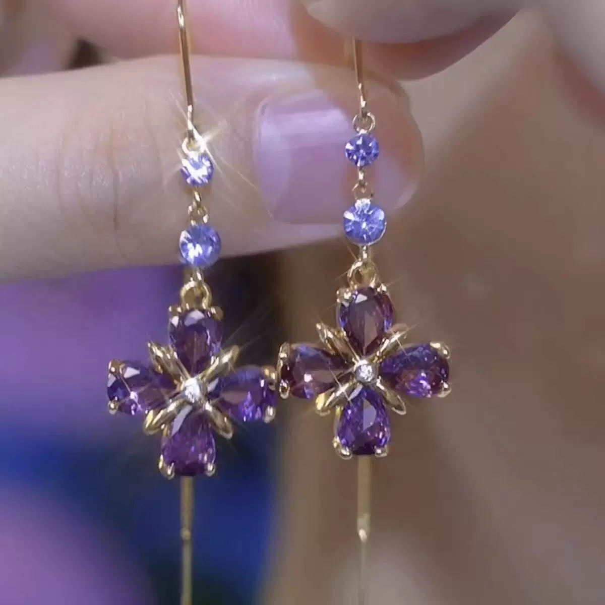 新款超闪紫色镶钻长款流苏耳线女耳环时尚高级感轻奢百搭耳饰批发