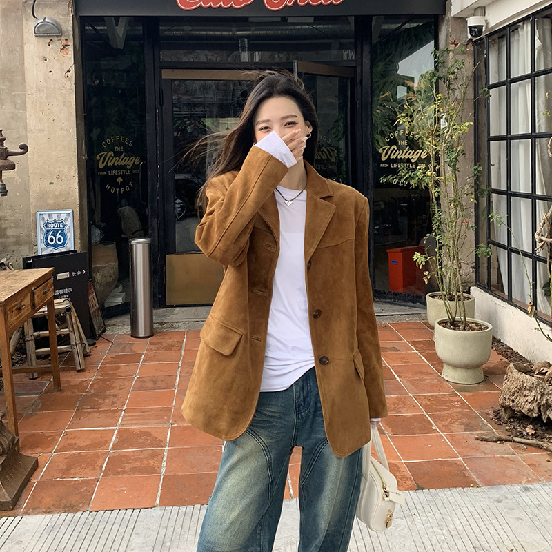 棕色西装外套女2025秋新款麂皮绒复古美拉德设计感小个子上衣百搭|undefined