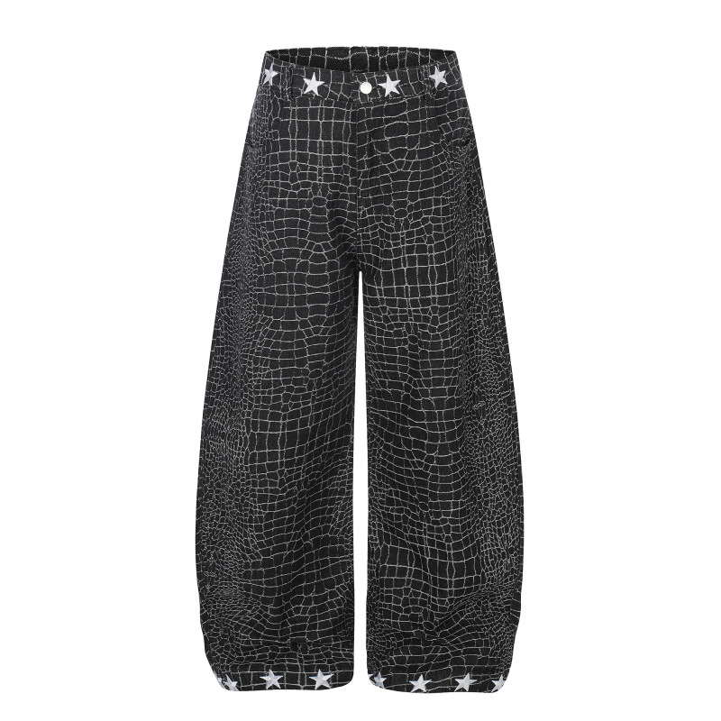 American-Style Crocodile Texture Wide-Leg Jeans with Star Embroidery on the Waistband and Cuffs, Trendy Brand Slim-Fit Long Pants for Men and Women American-Style Crocodile Texture Wide-Leg Jeans with Star Embroidery on the Waistband and Cuffs, Trendy Brand Slim-Fit Long Pants for Men and Women
