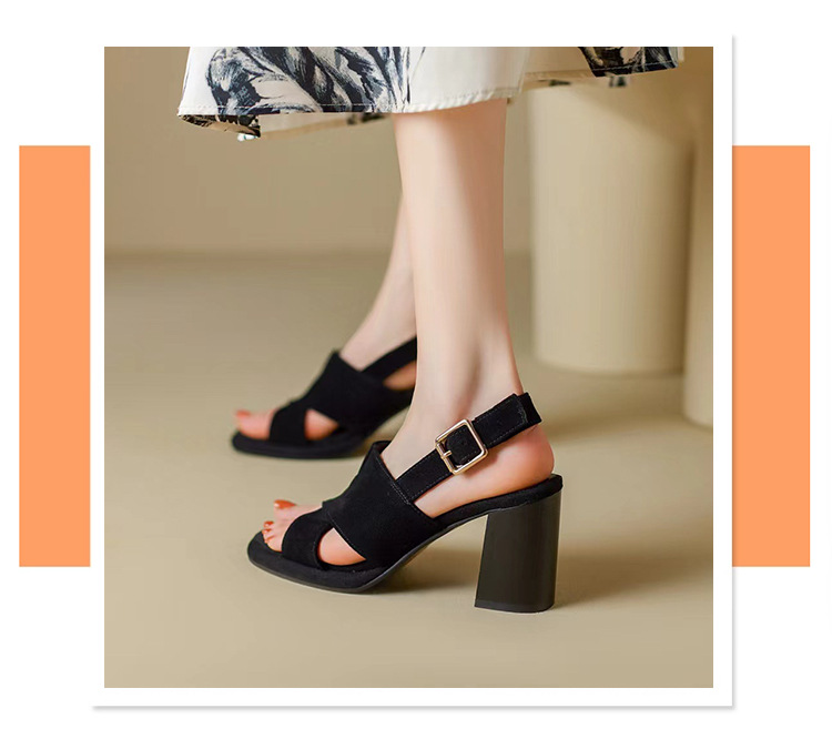 Sandal nữ gót vuông da thật quai ngang đế dày hở gót — Màu đen chi tiết 2